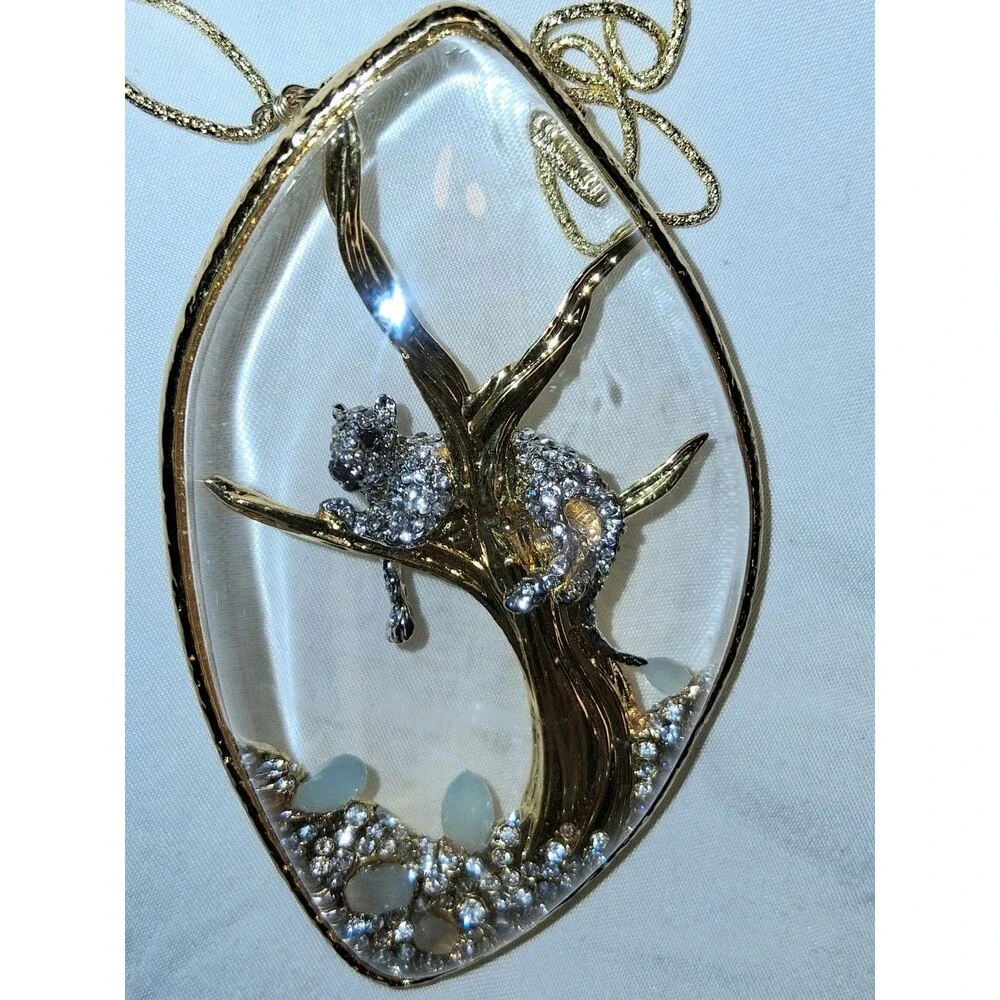 ALEXIS BITTAR SIYABONA LEOPARD PANTHER ACRYLIC CAGE Gold LONG Necklace, 30” RARE